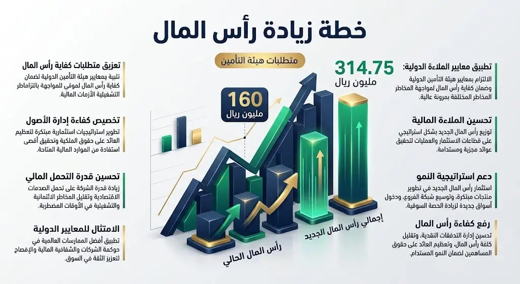 إنفوجرافيك مالي يوضح خطة زيادة رأس مال شركة عناية السعودية إلى 314.75 مليون ريال لتلبية متطلبات هيئة التأمين، مع إبراز الأرقام بتصميم ثلاثي الأبعاد.