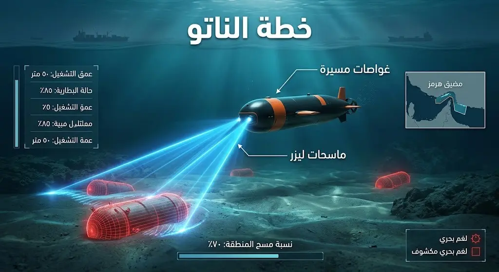 إنفوجرافيك يوضح غواصات الناتو المسيرة وهي تستخدم ماسحات الليزر لاكتشاف الألغام البحرية في مضيق هرمز.