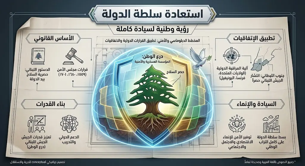 رسم تعبيري وإنفوجرافيك يجسد خطة حصر السلاح بيد الدولة اللبنانية واستعادة سيادتها.