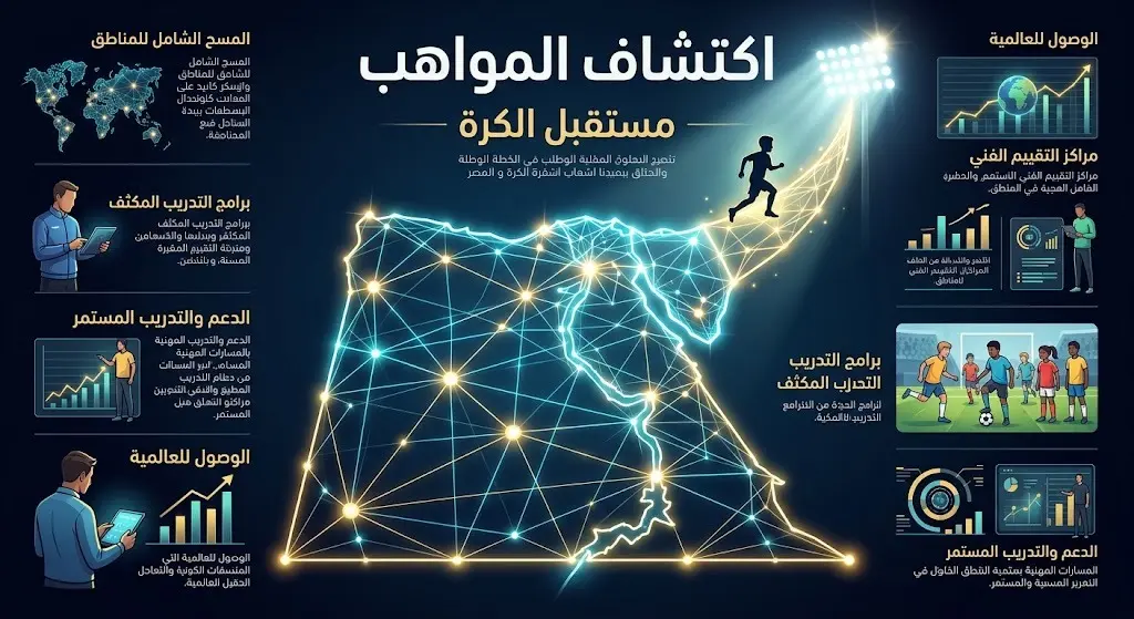 إنفوجرافيك إبداعي يستعرض خطة الدولة لكشافي كرة القدم ورعاية المواهب الشابة في مختلف أنحاء الجمهورية.