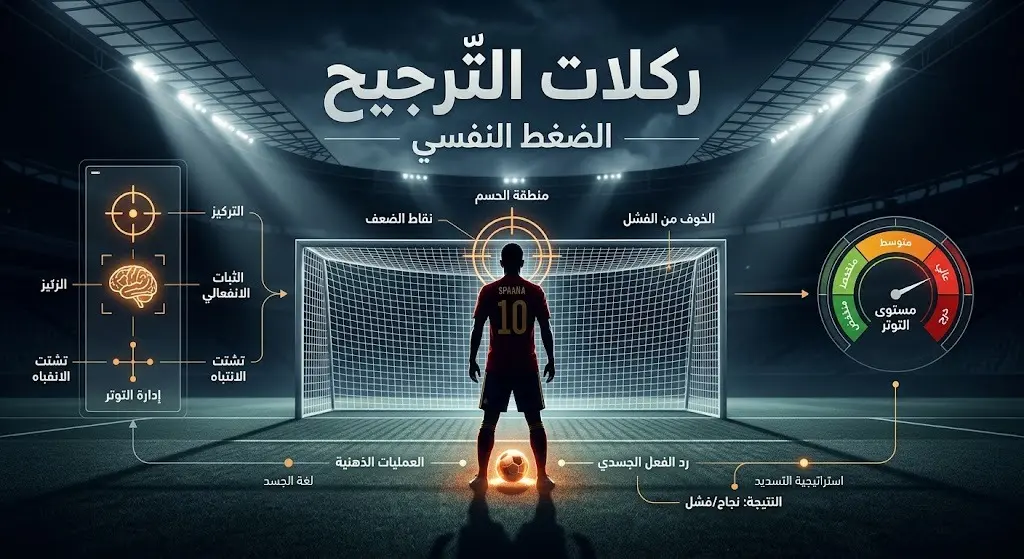 تصميم درامي يجسد لحظة تسديد ركلات الترجيح في ملعب مضاء، مع عناصر بصرية تعبر عن الضغط النفسي وتسميات عربية دقيقة.