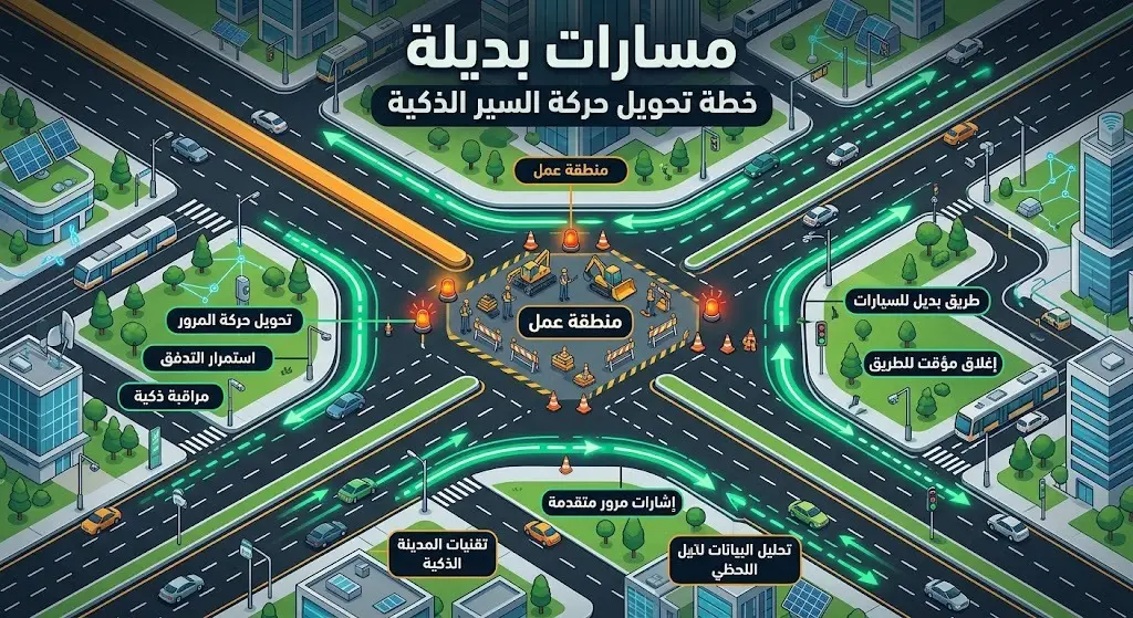 خريطة بصرية وإنفوجرافيك يوضح الخطة المرورية الموازية والمسارات البديلة لضمان انسيابية الحركة أثناء تنفيذ المشروع.