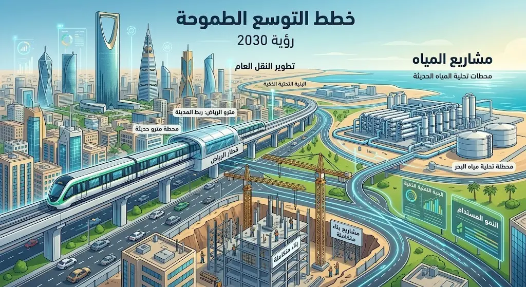تصميم مرئي يجسد طموحات التوسع لشركة ويبيلد في الرياض، مبرزاً دمج مشاريع النقل كمترو الرياض بمشاريع البنية التحتية والمياه ضمن أهداف رؤية 2030.