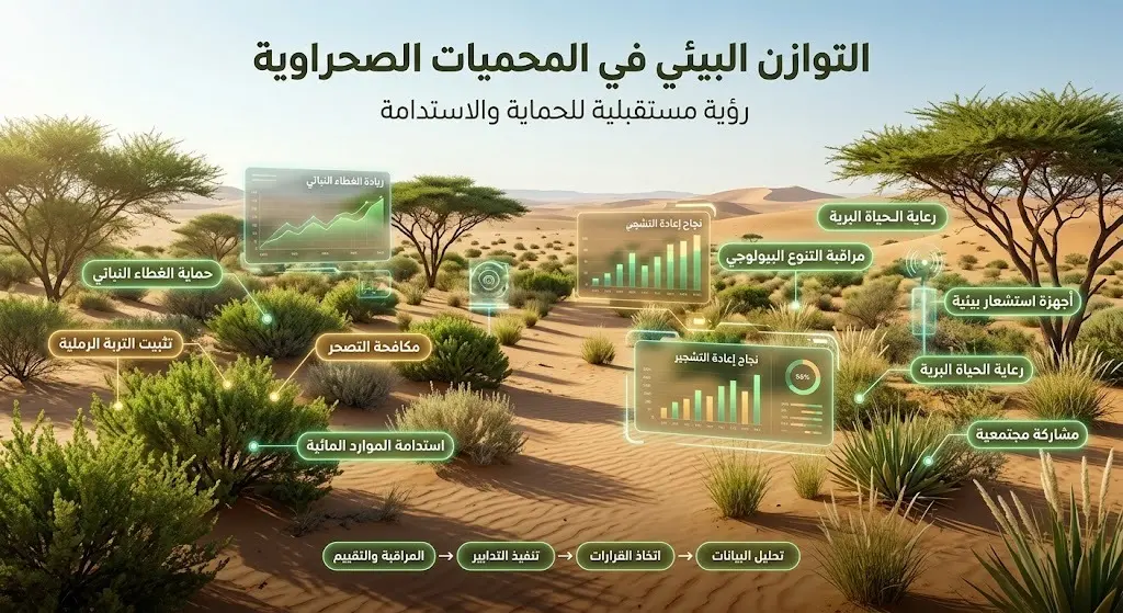 تصميم بصري يبرز جهود التنمية البيئية وخطط حماية الغطاء النباتي واستدامته في المحميات الطبيعية