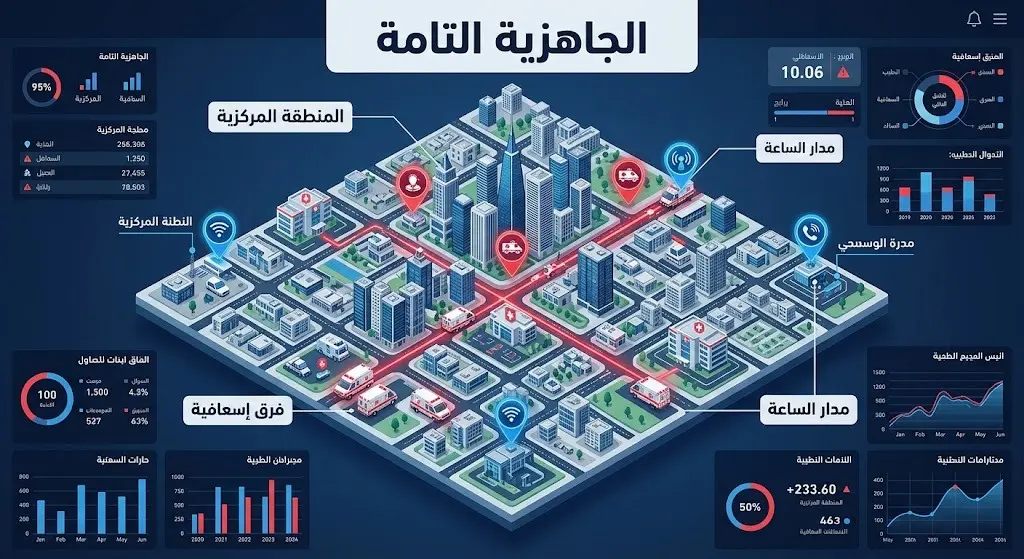 تصميم عصري يشبه لوحة تحكم ذكية يعرض الخطط التشغيلية ونقاط تمركز الفرق الإسعافية في المنطقة المركزية بنصوص عربية دقيقة.