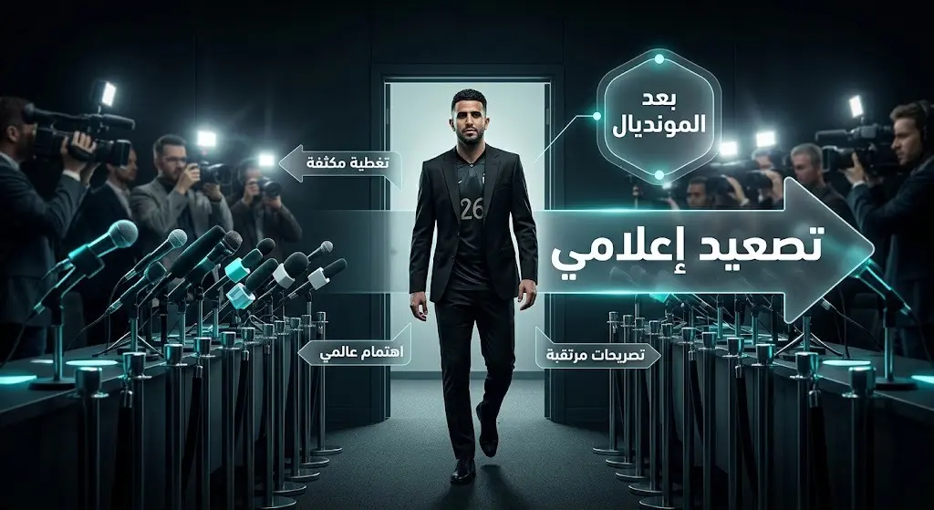 تصميم تعبيري يظهر توجه جوليان ألفاريز للتصعيد الإعلامي للضغط على ناديه بعد انتهاء كأس العالم 2026.