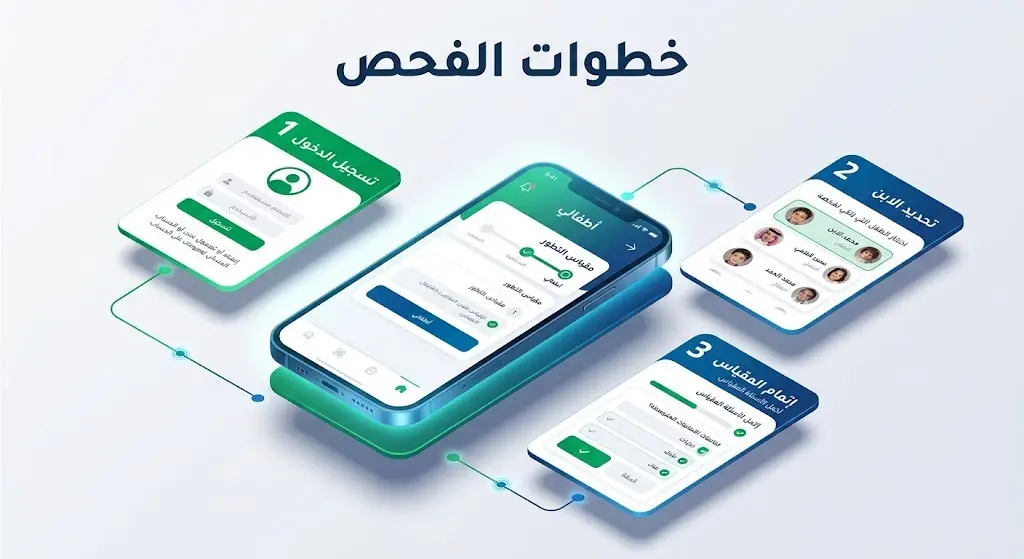 إنفوجرافيك يوضح خطوات إجراء الفحص النمائي للأطفال إلكترونياً عبر تطبيق توكلنا في 3 خطوات بسيطة.