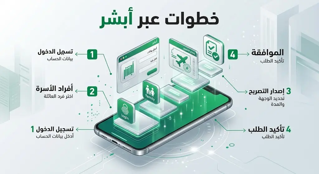 تصميم إنفوجرافيك ثلاثي الأبعاد يوضح الخطوات التسلسلية لإصدار تصريح السفر عبر منصة أبشر باستخدام هاتف ذكي وواجهات رقمية تفاعلية.