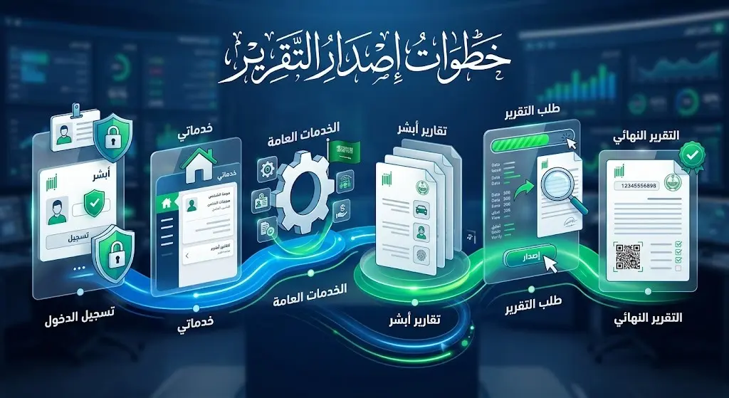 إنفوجرافيك تسلسلي يستعرض خطوات إصدار تقرير مدة بقاء مقيم إلكترونياً من خلال حساب المستفيد في منصة أبشر