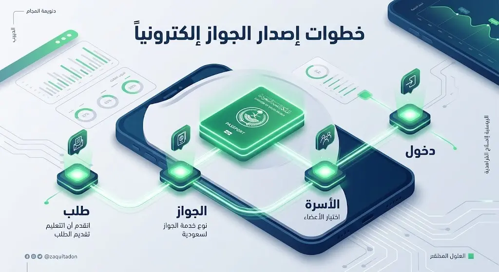 إنفوجرافيك رقمي يوضح التسلسل الإلكتروني لخطوات إصدار جواز السفر السعودي لأفراد الأسرة عبر منصة أبشر.