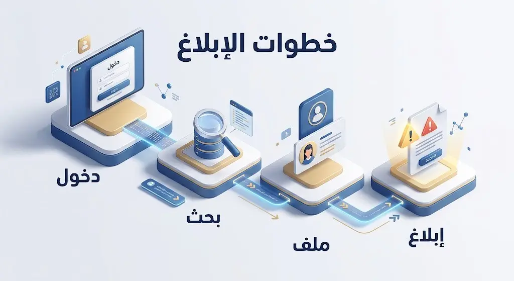 إنفوجرافيك تفصيلي يوضح الخطوات الأربع المتسلسلة للإبلاغ عن فقدان هوية مقيم عبر بوابة مقيم الإلكترونية.