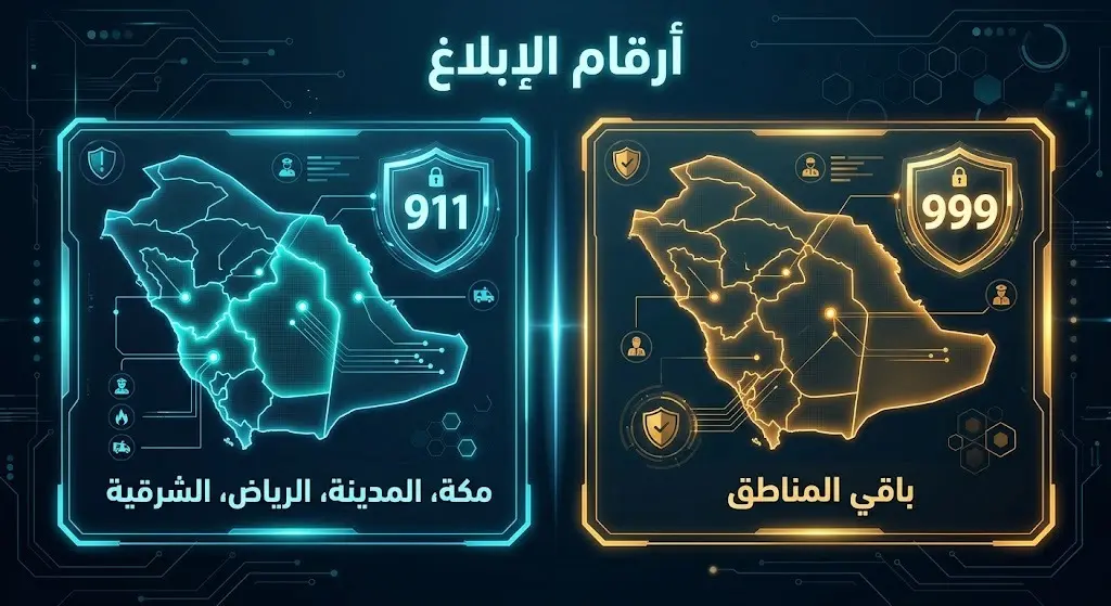 تصميم بصري يوضح أرقام الإبلاغ عن مخالفي أنظمة الإقامة وأمن الحدود، الرقم 911 لمناطق محددة والرقم 999 لباقي المناطق.