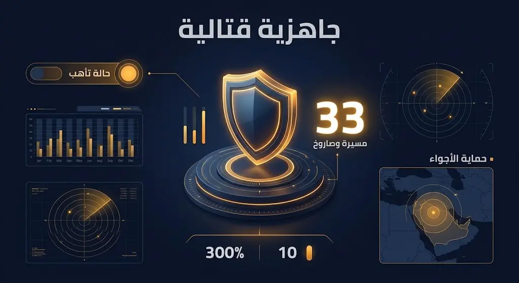 إنفوجرافيك عصري يستعرض حالة الاستعداد العسكري الشامل وتدمير 33 طائرة مسيرة وصاروخاً، يتوسطه درع حماية مضيء وتسميات عربية دقيقة.