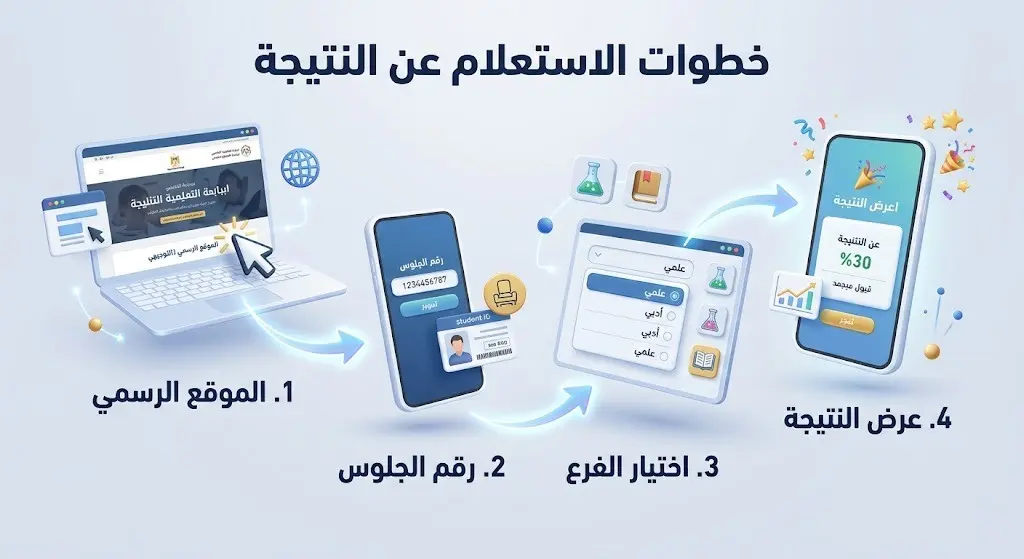 إنفوجرافيك يوضح خطوات استخراج نتائج التوجيهي برقم الجلوس عبر المنصات الرقمية