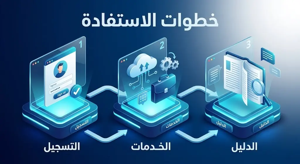 إنفوجرافيك تقني يوضح الخطوات الثلاث الأساسية للاستفادة من المنصة الموحدة: التسجيل، استخدام الخدمات، والاطلاع على الدليل.