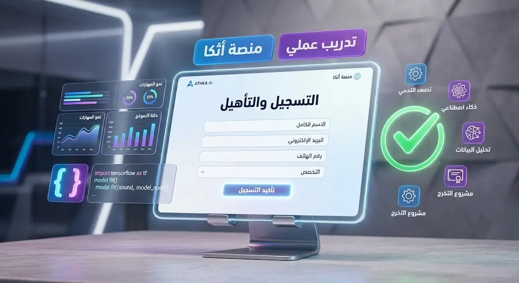 تصميم رقمي يعبر عن واجهة التسجيل الإلكتروني في معسكرات سدايا عبر منصة أثكا، مع إبراز عناصر التأهيل والتطبيق العملي للمتدربين.