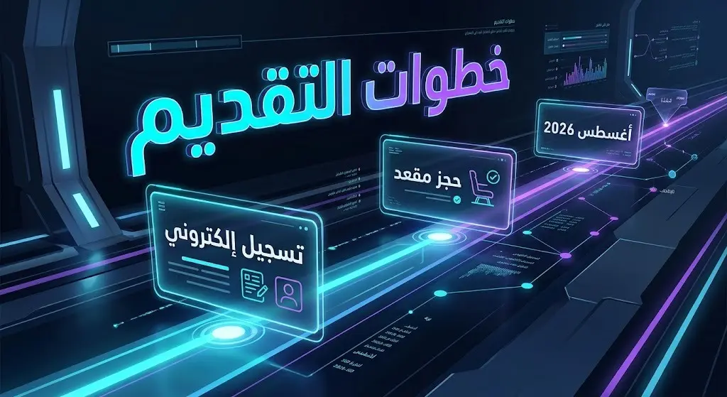 تصميم رقمي متطور يوضح مسار خطوات التقديم والتسجيل الإلكتروني في معسكرات طويق التقنية.