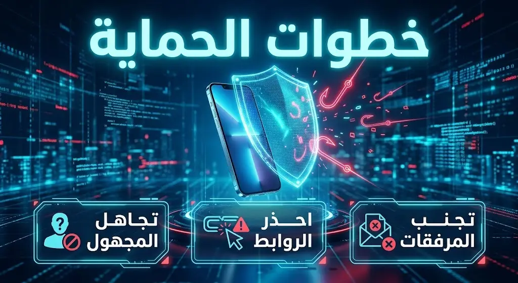 تصميم إنفوجرافيك يوضح خطوات الحماية من الاحتيال الإلكتروني مثل تجنب الروابط المشبوهة وعدم فتح الرسائل المجهولة.