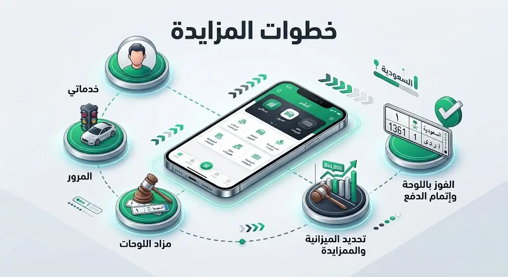 تصميم إنفوجرافيك ثلاثي الأبعاد يوضح الخطوات التسلسلية للمشاركة في مزاد اللوحات الإلكتروني عبر تطبيق أبشر على الهاتف الذكي.