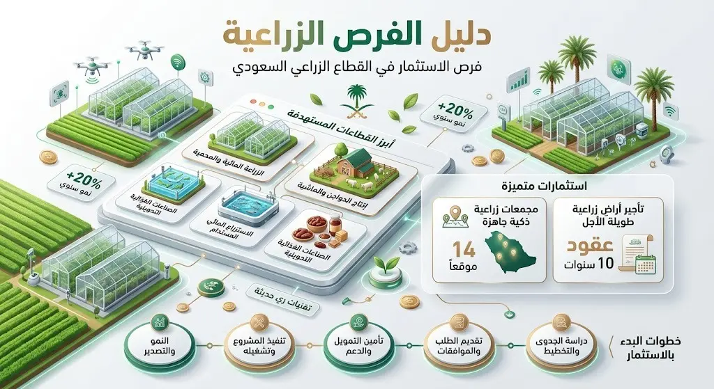 تصميم إنفوجرافيك احترافي يستعرض تفاصيل دليل الفرص الزراعية، مبرزاً طرح 14 موقعاً زراعياً بعقود تمتد لعشر سنوات، مع دمج عناصر بصرية زراعية ورقمية أنيقة توضح خطوات المشاركة.