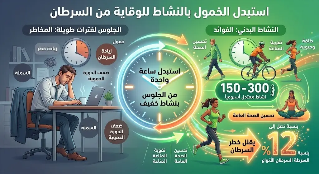 تصميم مرئي يبرز أهمية استبدال فترات الجلوس بنشاط بدني لتقليل خطر الوفاة بالسرطان بنسبة 12 بالمئة.