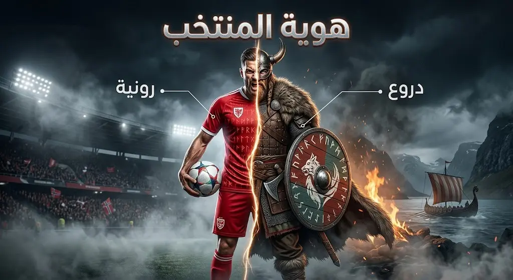 إنفوجرافيك يوضح دمج الهوية الإسكندنافية، يظهر لاعباً نصفه يرتدي قميصاً رياضياً بلمسات حروف رونية، ونصفه الآخر يرتدي ملابس الفايكنج من الفراء والدروع، مع تسميات عربية دقيقة.