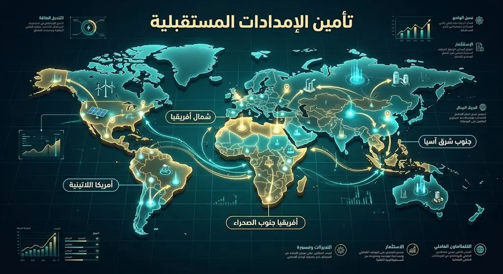 خريطة بصرية تبرز المناطق الجغرافية المستهدفة لتأمين إمدادات الطاقة العالمية كإفريقيا وأمريكا اللاتينية وآسيا