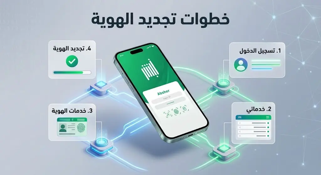 إنفوجرافيك رقمي احترافي يستعرض خطوات تجديد الهوية الوطنية إلكترونيا عبر تطبيق أبشر، يظهر هاتفاً ذكياً محاطاً بخطوات متسلسلة ونصوص عربية واضحة.