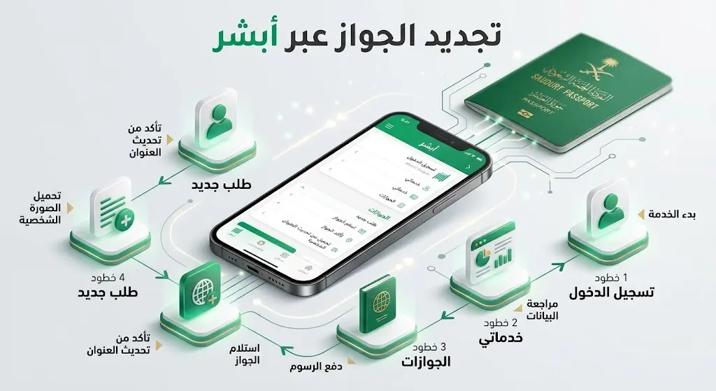 إنفوجرافيك يوضح التسلسل الرقمي لخطوات تجديد جواز السفر السعودي إلكترونياً عبر تطبيق أبشر