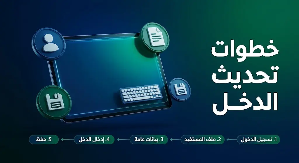 إنفوجرافيك احترافي يوضح الخطوات الخمس لتحديث بيانات الدخل في منصة حساب المواطن بدءاً من تسجيل الدخول وحتى حفظ التعديلات.