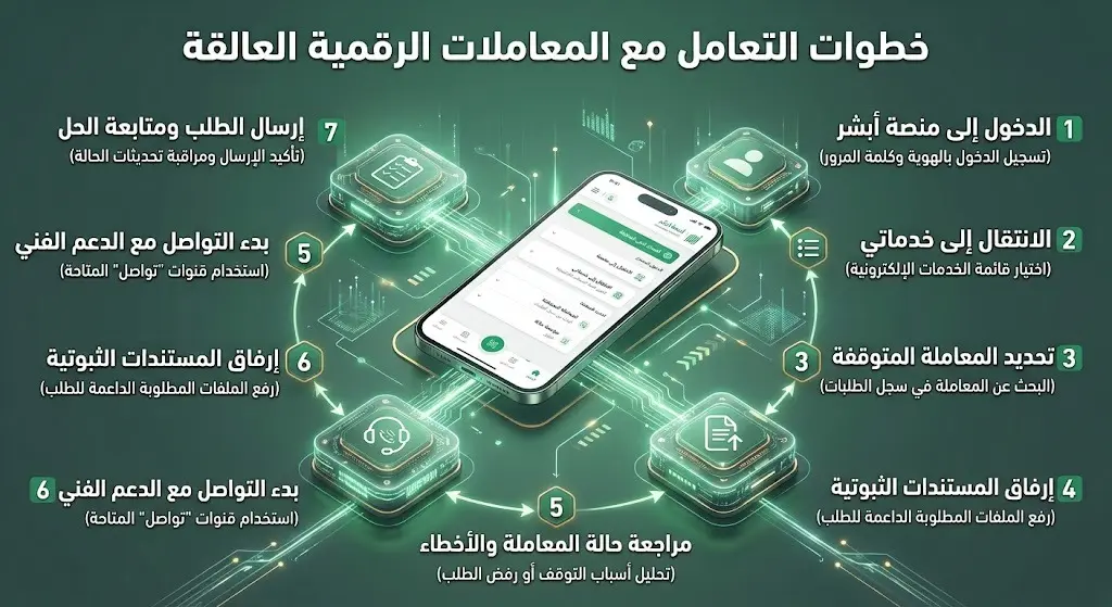إنفوجرافيك يوضح بالتسلسل خطوات تقديم طلبات معالجة المعاملات المتعثرة عبر منصة أبشر وخدمة تواصل.