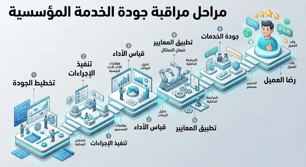 تصميم ثلاثي الأبعاد يعرض الخطوات التنظيمية ومعايير قياس الجودة لضمان تقديم خدمات متميزة ترفع من مستويات رضا العملاء.