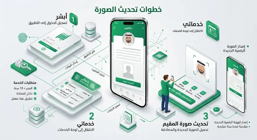 إنفوجرافيك يوضح الخطوات الثلاث لتحديث صورة المقيم إلكترونياً عبر تطبيق أبشر.