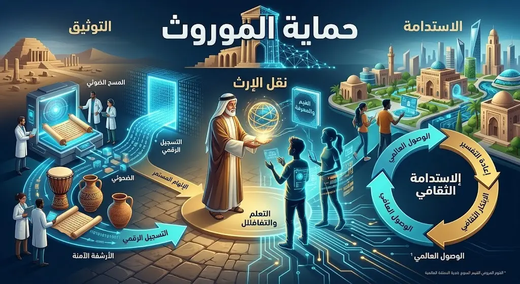 إنفوجرافيك تعبيري يجسد عملية توثيق التراث الثقافي ونقله للأجيال القادمة، مع نصوص عربية سليمة وواضحة تبرز خطوات التوثيق والاستدامة.