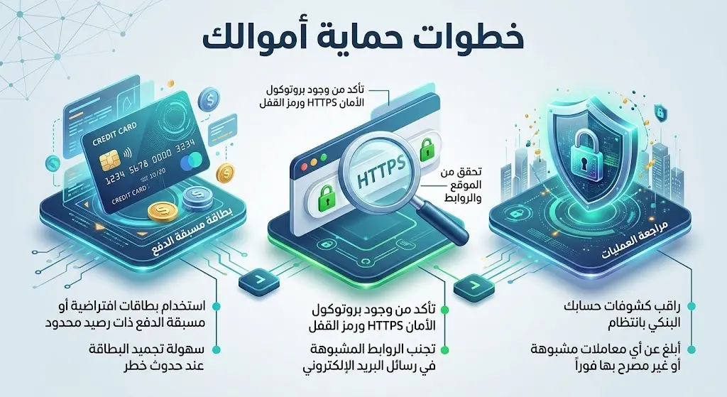 إنفوجرافيك احترافي يستعرض خطوات حماية الأموال من الاحتيال المالي، متضمناً استخدام البطاقات مسبقة الدفع والتأكد من موثوقية المواقع.