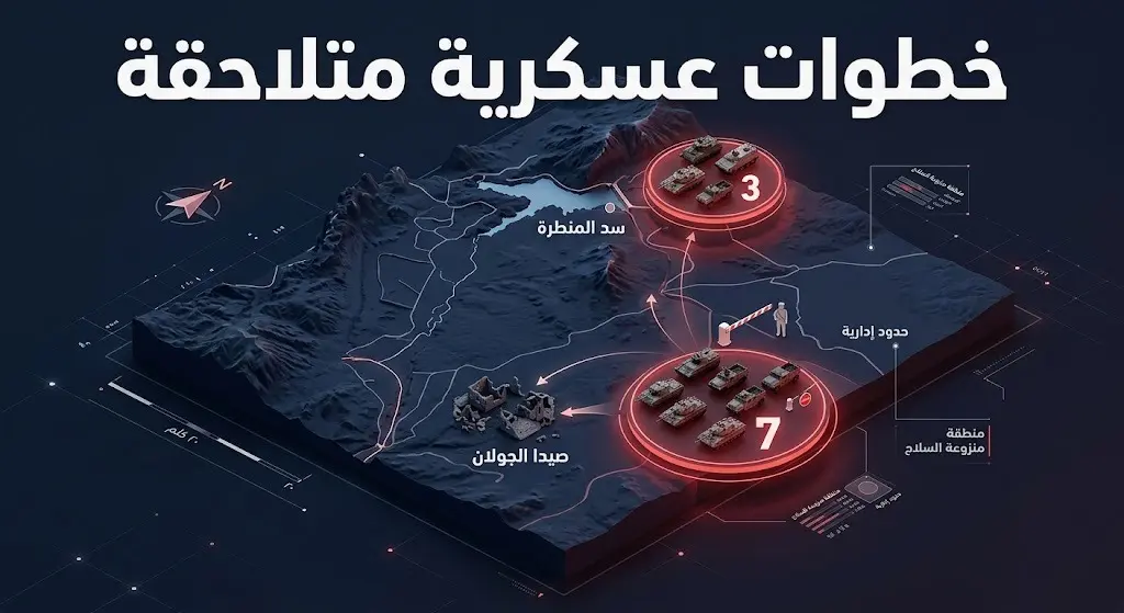 خريطة إنفوجرافيك ثلاثية الأبعاد توضح التوغلات العسكرية الإسرائيلية المتعاقبة في محيط سد المنطرة وقرية صيدا الجولان بريف القنيطرة.