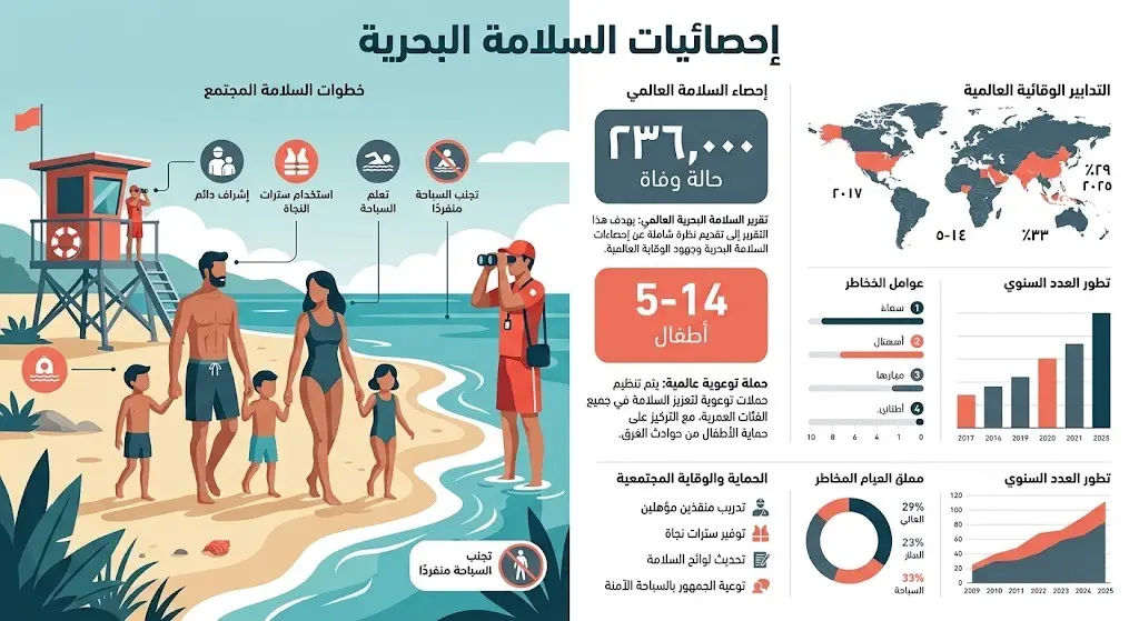 إنفوجرافيك يستعرض إحصائيات منظمة الصحة العالمية حول وفيات الغرق وأهمية مراقبة الأطفال لحمايتهم