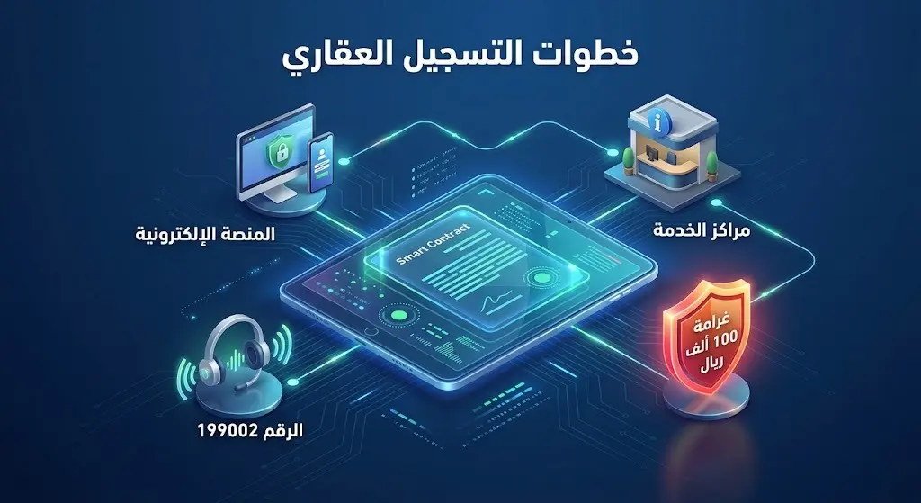 تصميم ثلاثي الأبعاد يبرز خطوات التسجيل العيني للعقار إلكترونياً وقنوات التواصل مع إشارة واضحة لغرامة التأخير.