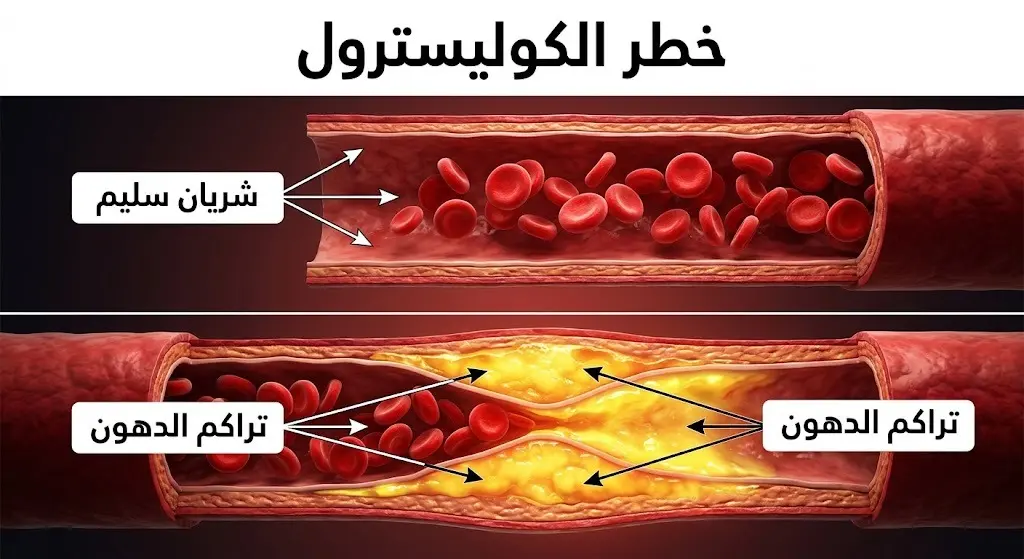 رسم ثلاثي الأبعاد يقارن بين شريان سليم وآخر يعاني من تضيق شديد بسبب تراكم الكوليسترول منخفض الكثافة.