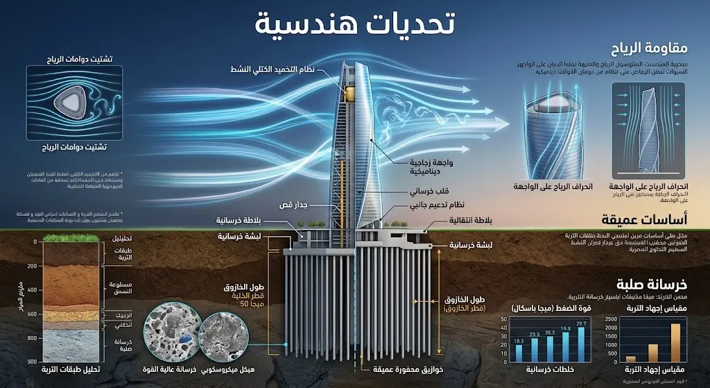 رسم هندسي توضيحي يبرز التحديات المعمارية، موضحاً كيفية تشتيت التصميم المثلث لدوامات الرياح وتوزيع الأحمال الهيكلية على أساسات عميقة.