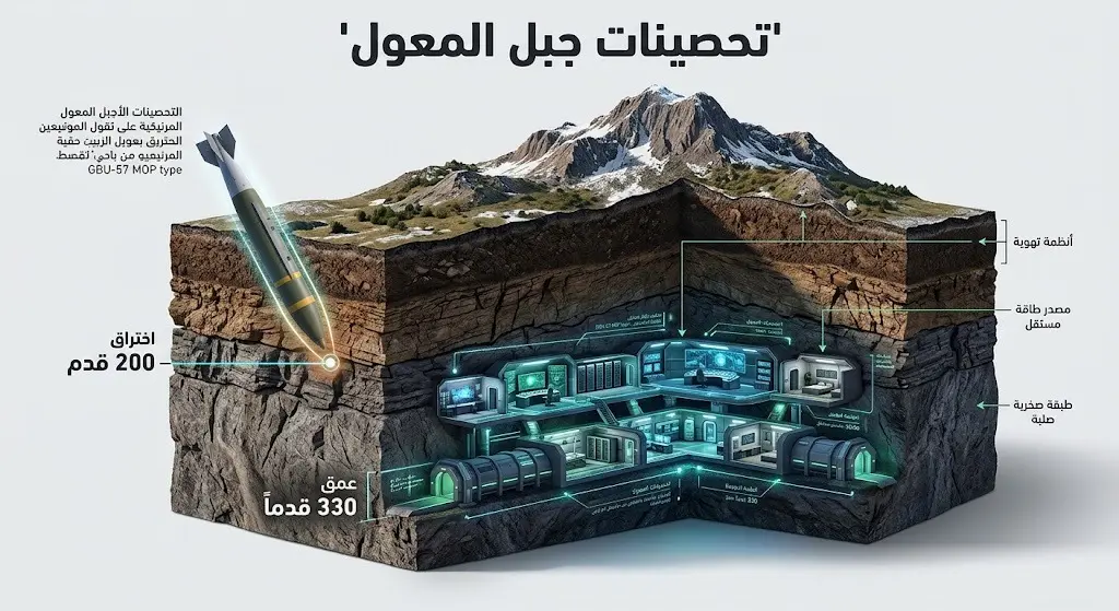 إنفوجرافيك بياني يوضح عمق منشأة جبل المعول النووية تحت الأرض ومقارنتها بأقصى مدى اختراق للقنابل الأمريكية الخارقة للتحصينات.
