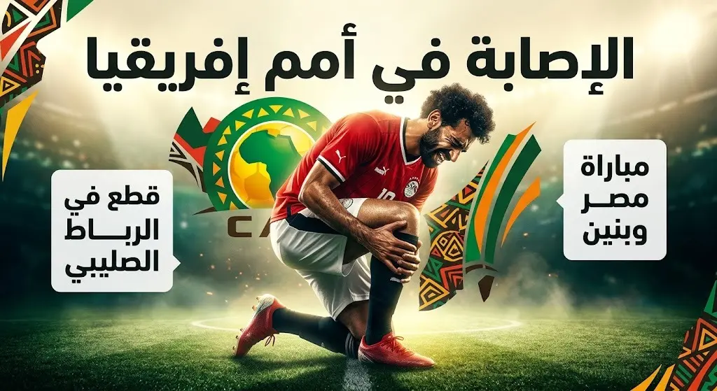 تصميم رياضي يستعرض معلومات حول إصابة محمد حمدي بقطع في الرباط الصليبي خلال مباراة منتخب مصر وبنين في بطولة كأس الأمم الإفريقية.