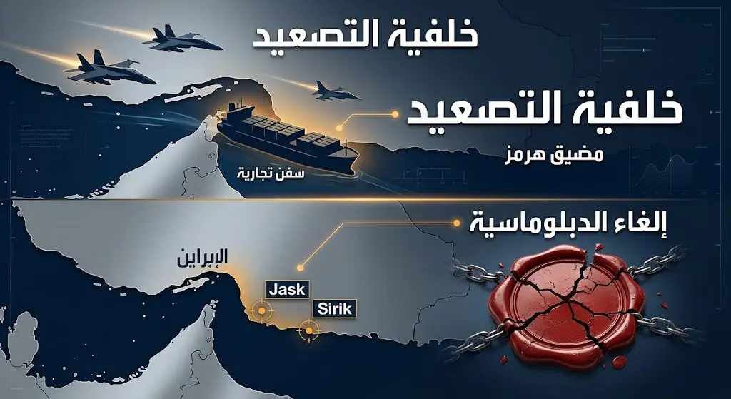 تصميم بياني يظهر التسلسل الزمني للأحداث من استهداف السفن التجارية في مضيق هرمز إلى الغارات الأمريكية وإلغاء الدبلوماسية.