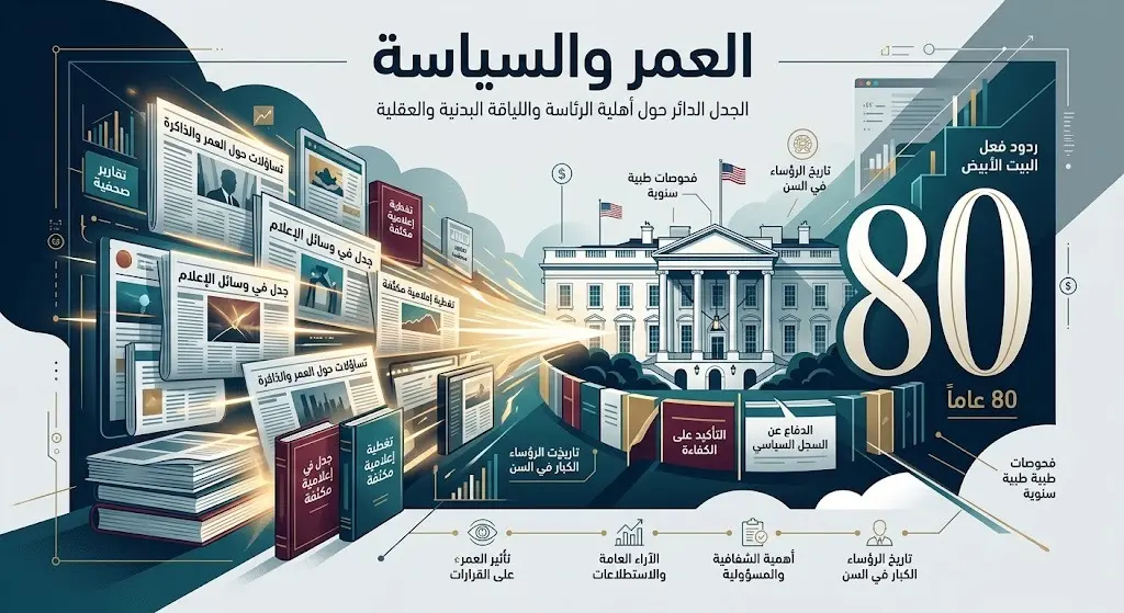 تصميم إنفوجرافيك يسلط الضوء على التقارير الصحفية التي تناقش عمر الرئيس الأمريكي.