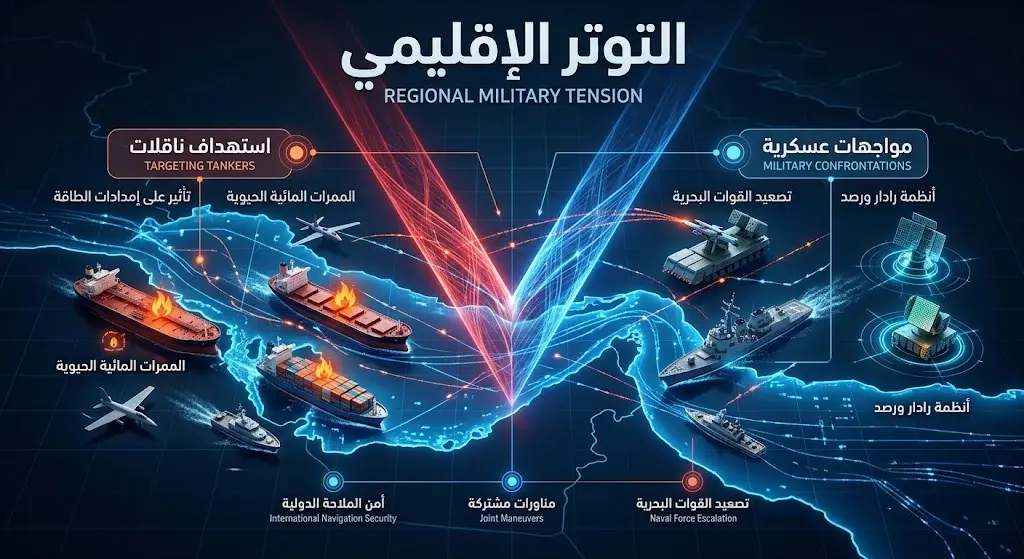 تصميم تعبيري ثلاثي الأبعاد يجسد التوتر العسكري الإقليمي واستهداف ناقلات النفط في المنطقة.