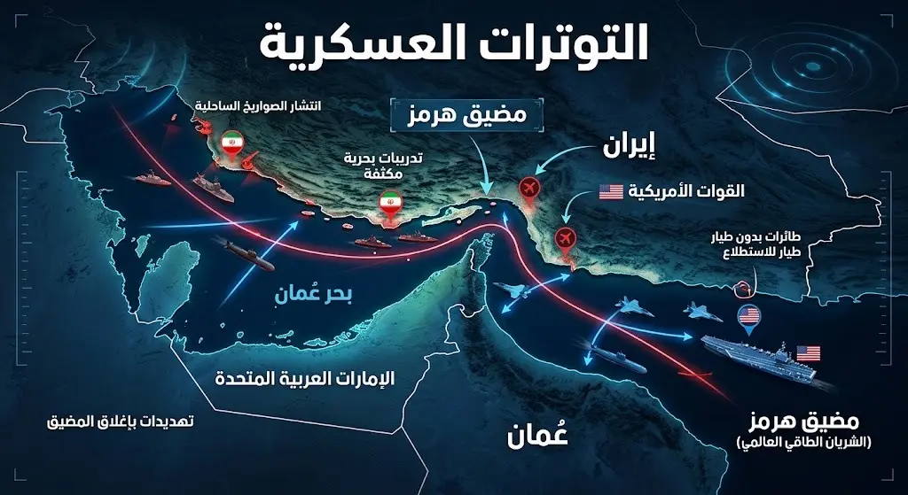 خريطة تفاعلية ثلاثية الأبعاد توضح مواقع التوترات العسكرية بين الولايات المتحدة وإيران في منطقة مضيق هرمز.