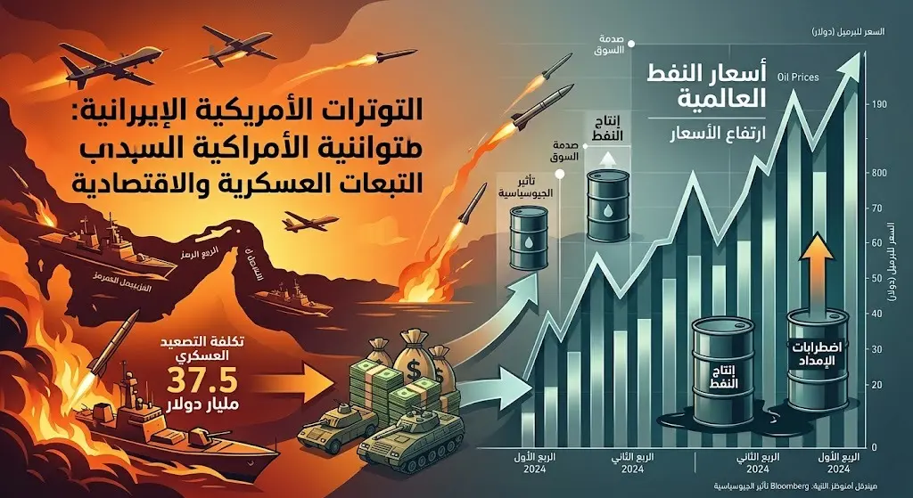 تصميم إنفوجرافيك تعبيري يظهر تكلفة العمليات العسكرية البالغة 37.5 مليار دولار وتأثير التوترات على أسواق النفط.