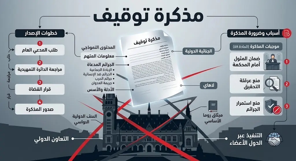 رسم تعبيري يظهر وثيقة قانونية ترمز لمذكرة المحكمة الجنائية الدولية فوق مبنى محكمة لاهاي، تتخللها نصوص عربية.