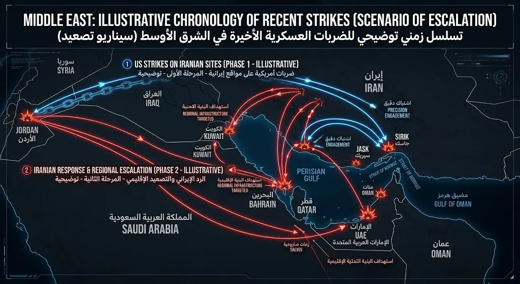 رسم بياني تسلسلي يوضح الهجمات المتبادلة بين الولايات المتحدة وإيران وتوسع دائرة الاستهداف الإقليمية.