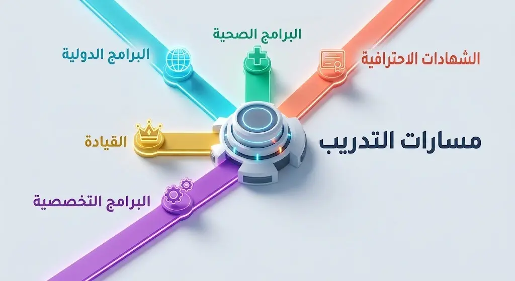 إنفوجرافيك ثلاثي الأبعاد يعرض المسارات الخمسة لبرامج التدريب الصيفي بألوان جذابة وأيقونات معبرة.